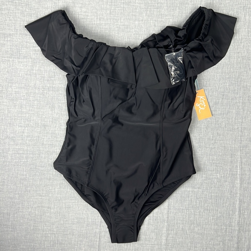 16W 24W Kona Sol Black Ruffle Off Shoulder One Piece Swimsuit Plus Size - Picture 3 of 4